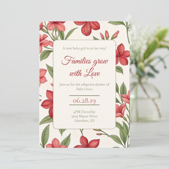 Convite Elegant Red Floral Botanical Adoption Shower (Em pé/Frente)