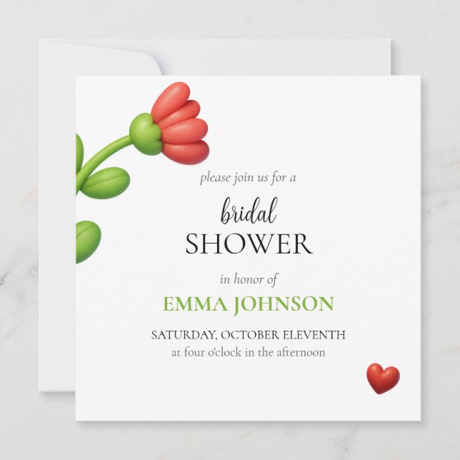 Convite Elegant Red Flower & Heart Bridal Shower (Frente)