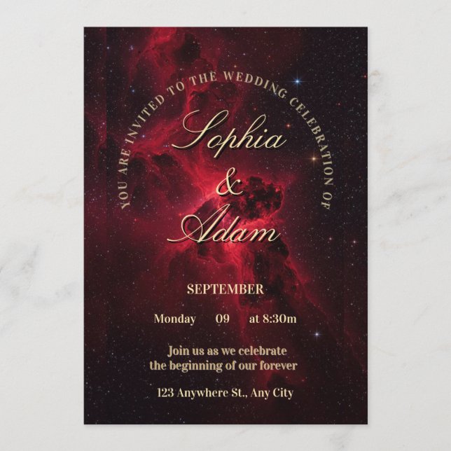 Convite Elegant Red Galaxy Wedding Invitation (Frente)