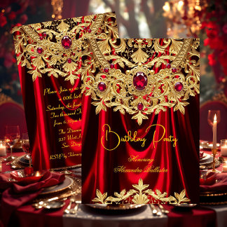 Convite Elegant Red Gems Gold Lace Damask Birthday Party