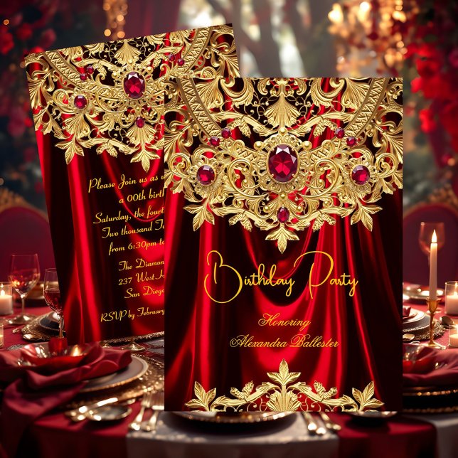 Convite Elegant Red Gems Gold Lace Damask Birthday Party (Criador carregado)
