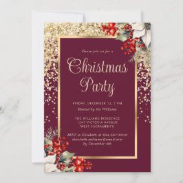 Convite Elegant Red Gold Botanical Christmas Party