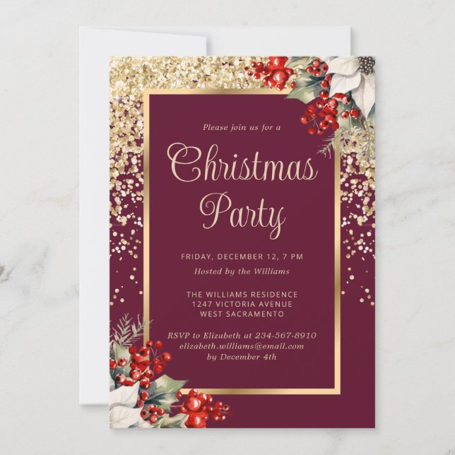 Convite Elegant Red Gold Botanical Christmas Party (Frente)