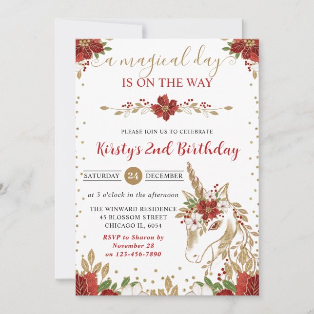 Convite Elegant Red & Gold Floral Unicorn Birthday Party (Frente)