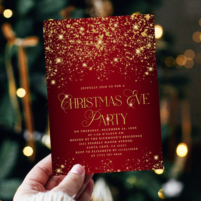 Convite Elegant Red & Gold Glitter Christmas Eve Party (Criador carregado)