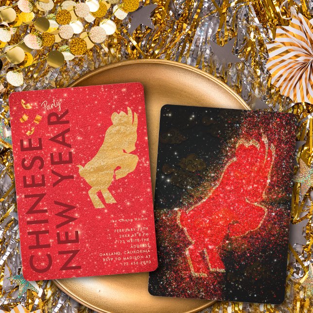 Convite Elegant Red Gold Glitter Goat Lunar New Year Party (Criador carregado)