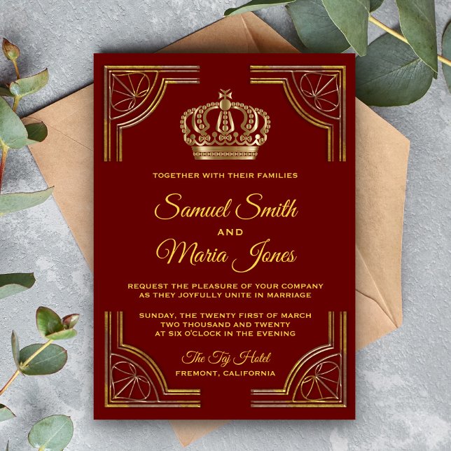 Convite Elegant Red Gold Ornate Crown Wedding Invitation (Criador carregado)