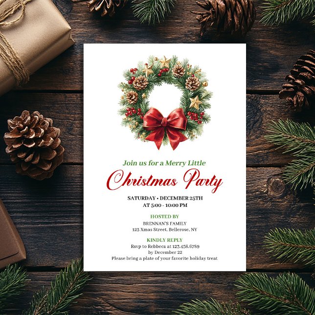 Convite Elegant Red Gold Pine Wreath Christmas Party (Elegant Red Gold Pine Wreath Christmas Party Invitation)