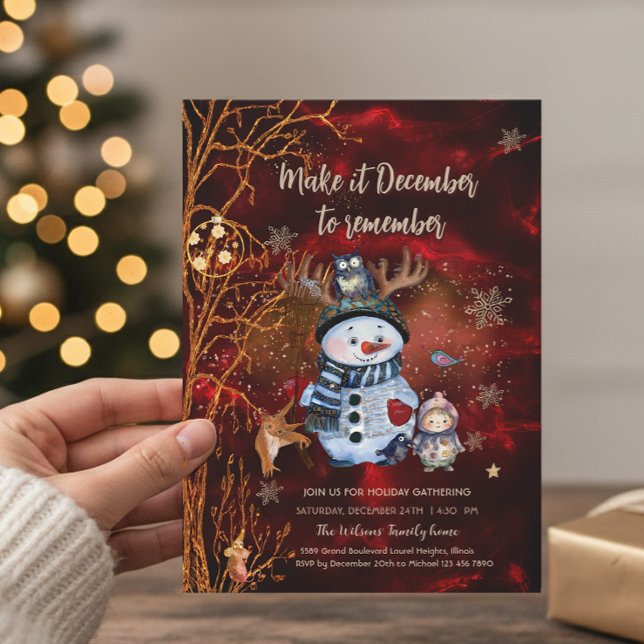 Convite Elegant Red Gold Snowman & Characters Christmas (Elegant Red Gold Snowman & Characters Christmas Invitation)