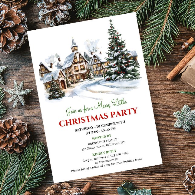Convite Elegant red green festive city Christmas party   (Elegant red green festive city Christmas party invite)