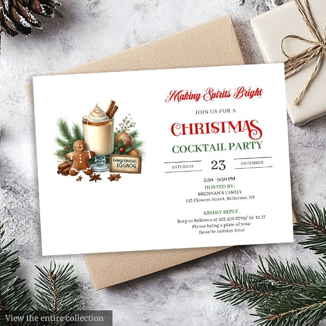 Convite Elegant Red Green Holiday Cocktails Party Invite (Elegant Red Green Holiday Cocktails Invitation)