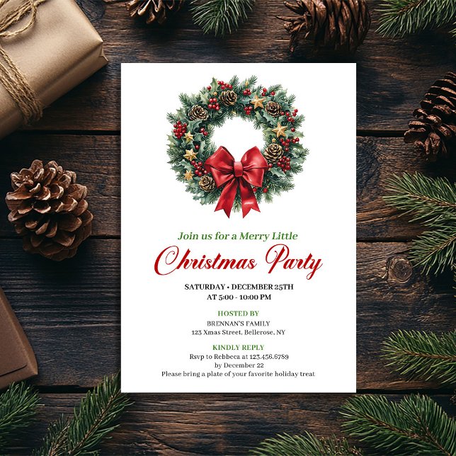 Convite Elegant Red Green Pine Wreath Party Invitation (Elegant Red Green Pine Wreath Party Invitation)