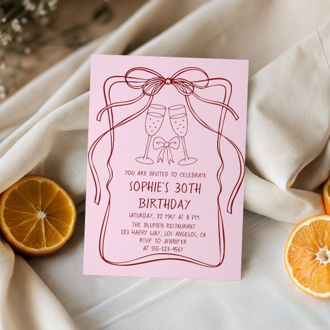 Convite Elegant Red Line Art Bow & Champagne 30th Birthday (Criador carregado)