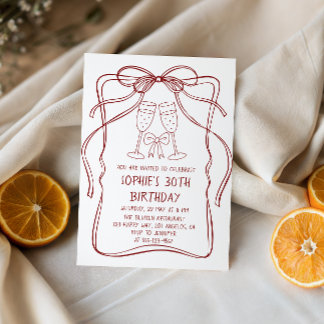 Convite Elegant Red Line Art Bow & Champagne 30th Birthday