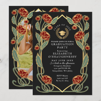 Convite Elegant Red Peony Art Nouveau Graduation Party