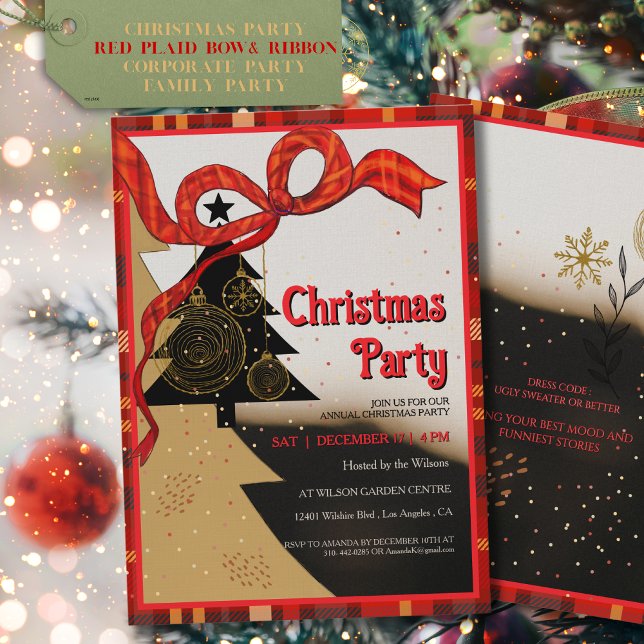 Convite Elegant Red Plaid Ribbon Christmas Party  (Elegant Red Plaid Ribbon Christmas Party Invitation)