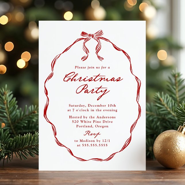 Convite Elegant Red Ribbon Frame Christmas Party (Criador carregado)