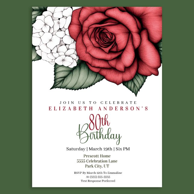 Convite Elegant Red Rose 80th Birthday Invitation (Criador carregado)