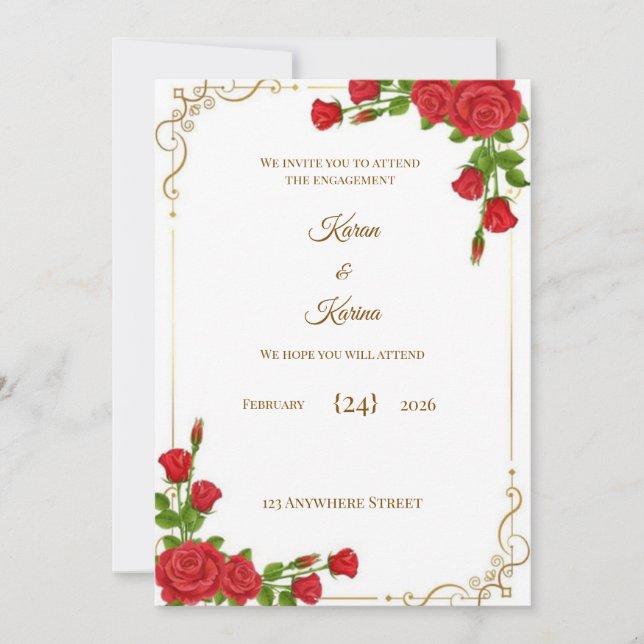 Convite Elegant Red Rose Engagement Invitation with Gold C (Frente)