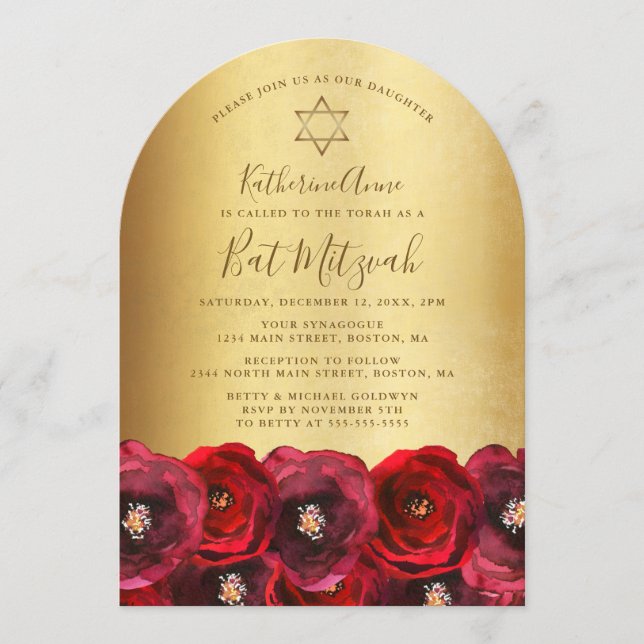 Convite Elegant Red Rose Floral Gold Bat Mitzvah (Frente)