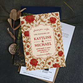 Convite Elegant Red Rose Floral Vintage Gold Scrollwork