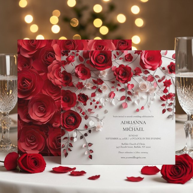 Convite Elegant Red Rose Floral Wedding Invitation (Criador carregado)