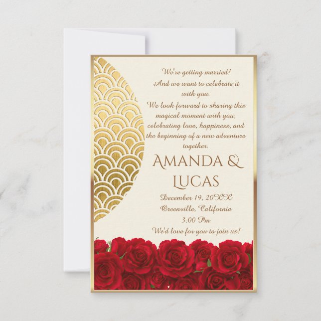 Convite Elegant Red Roses and Gold Frame Cream Wedding (Frente)