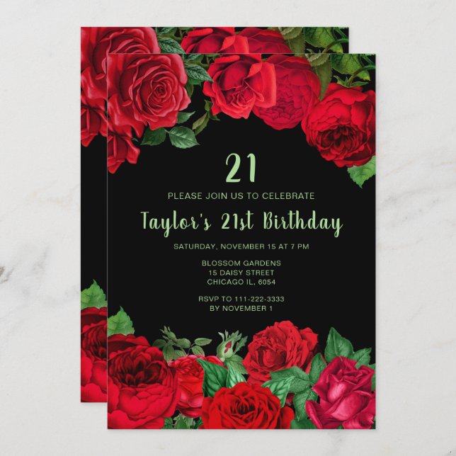 Convite Elegant Red Roses Flowers Birthday Party (Frente/Verso)