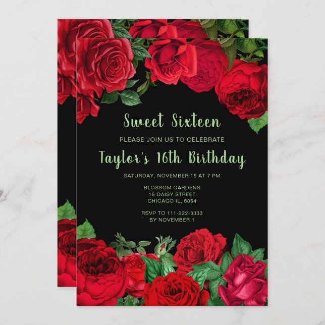 Convite Elegant Red Roses Flowers Sweet Sixteen (Frente/Verso)