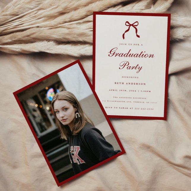 Convite Elegant Red Script Coquette Graduation Party Photo (Criador carregado)