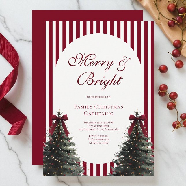 Convite Elegant Red Watercolor Bow Family Christmas Party (Elegant Red Watercolor Bow Family Christmas Party Invitation)