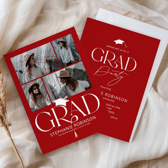 Convite Elegant Red & White 4 Photo Graduation Party (Criador carregado)