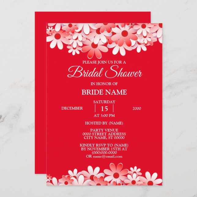 Convite Elegant Red White Floral Bridal Shower Party (Frente/Verso)