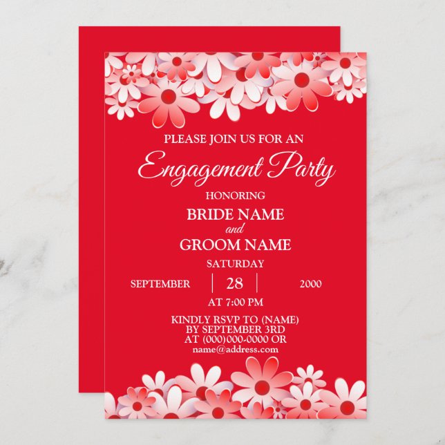 Convite Elegant Red White Floral Engagement Party (Frente/Verso)