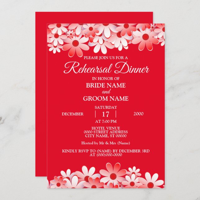 Convite Elegant Red White Floral Wedding Rehearsal Dinner (Frente/Verso)
