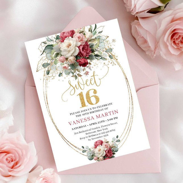 Convite Elegant Red White Greenery Sweet Sixteen Birthday  (Elegant Red White Greenery Sweet Sixteen Birthday Invite)