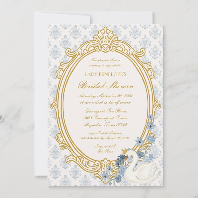 Convite Elegant Regency Era Blue and Gold Bridal Shower (Frente)