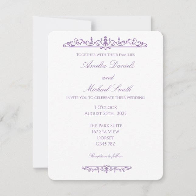 Convite Elegant Regency Purple and White Wedding  (Frente)