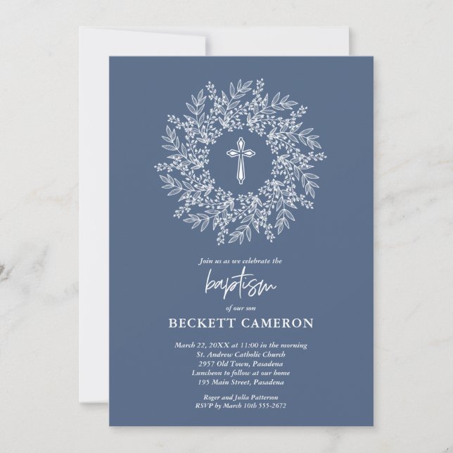 Convite Elegant Religious Blue Cross Baptism (Frente)