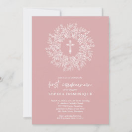 Convite Elegant Religious Pink Cross Girl First Communion