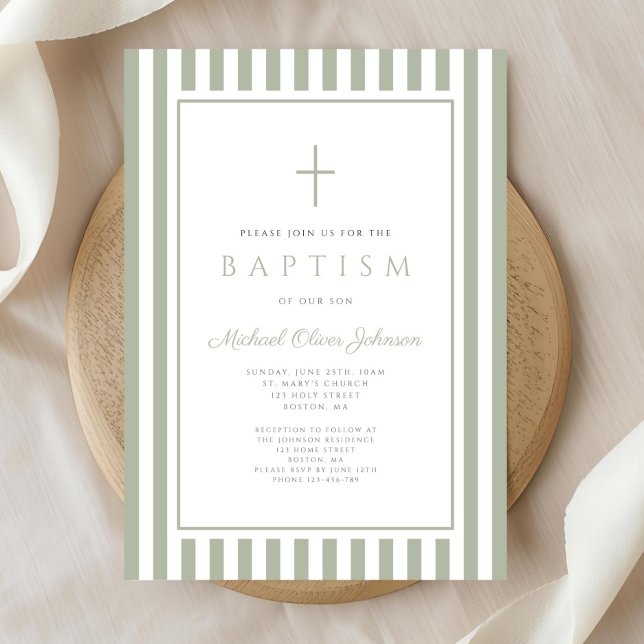 Convite Elegant Religious Sage Green Boy Baptism (Elegant Religious Sage Green Boy Baptism Invitation)