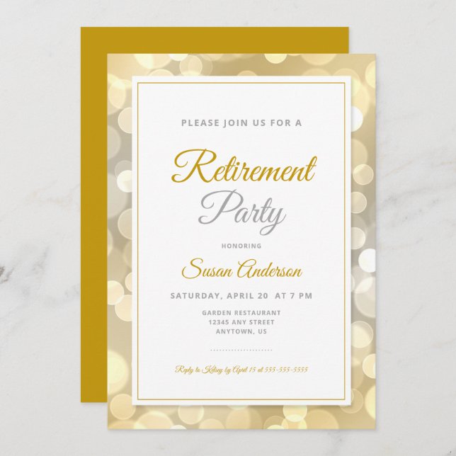 Convite Elegant Retirement Party Dourado Bokeh (Frente/Verso)