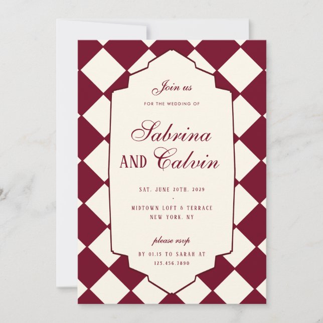 Convite Elegant Retro Checkered Burgundy Wedding (Frente)