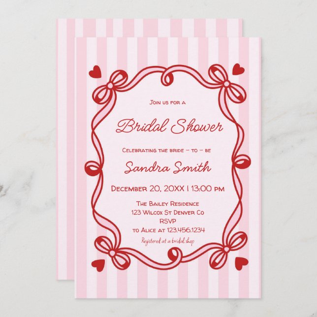 Convite Elegant Ribbon Hand Drawn Bridal Shower (Frente/Verso)