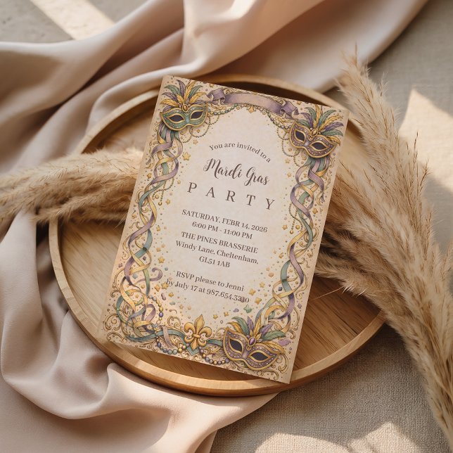 Convite Elegant Ribbon Mask Mardi Gras Masquerade (Criador carregado)