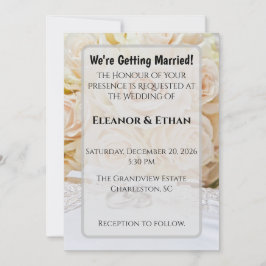 Convite Elegant Rings & Cream Rose Bouquet Wedding 
