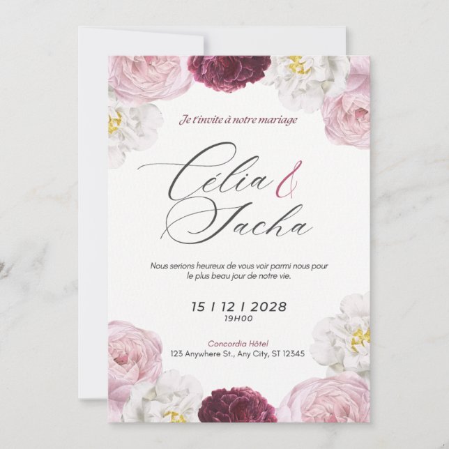 Convite Elegant Romantic Floral Wedding Invitation Card (Frente)