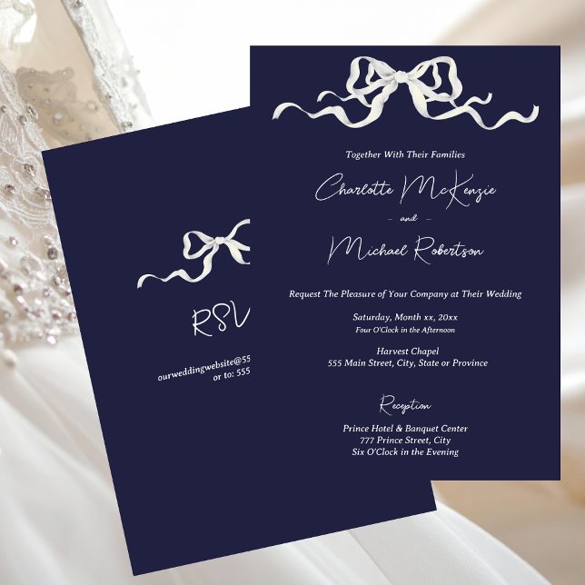 Convite Elegant Romantic Navy Ribbon & Bow Wedding (Elegant Romantic Navy Ribbon & Bow Wedding)