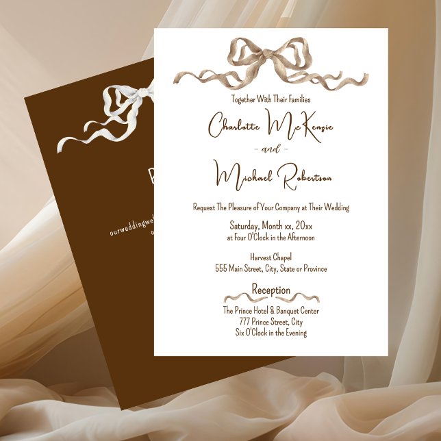 Convite Elegant Romantic Ribbon Wedding (Elegant Warm Brown with Bows Wedding Invitation)
