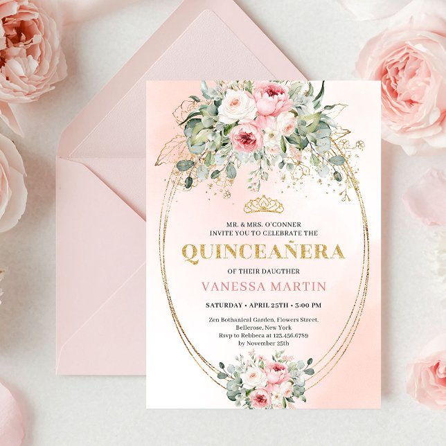 Convite Elegant Rose Gold Blush Boho Quinceañera Invitatio (Elegant Rose Gold Blush Boho Quinceañera Invitation)